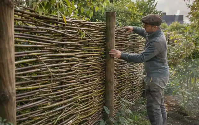 Person befestigt geflochtene Weidenruten an stabilen Holzpfosten im Garten; Thema Affiliate und Redaktionshinweis, Schwerpunkt Transparenz; Ausgangslage.