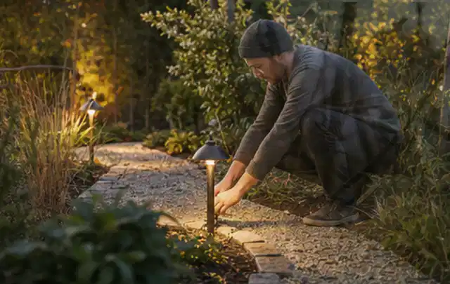 Person richtet eine niedrige warm leuchtende Gartenlampe am Kiesweg aus; Thema Affiliate und Redaktionshinweis, Schwerpunkt Transparenz; Umsetzung.