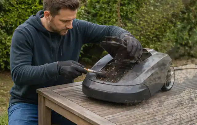 Person wartet einen geöffneten Mähroboter auf einem stabilen Gartentisch; Thema Akku Gartengeräte, Schwerpunkt Anwendung; Ausgangslage.