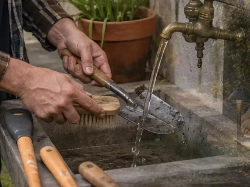 Hände reinigen gebrauchte Gartengeräte mit Bürste und Wasser am Außenbecken; Thema Akku Gartengeräte, Schwerpunkt Checkliste; Titelbild.