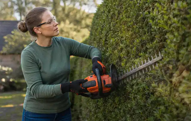 Person schneidet eine dichte Gartenhecke mit Schutzbrille und sicherem Stand; Thema Akku Gartengeräte, Schwerpunkt Checkliste; Ausgangslage.
