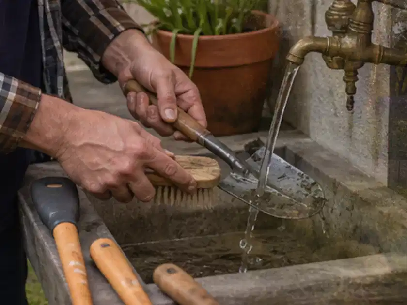 Hände reinigen gebrauchte Gartengeräte mit Bürste und Wasser am Außenbecken; Thema Akku Gartengeräte, Schwerpunkt Ersatzteile; Titelbild.