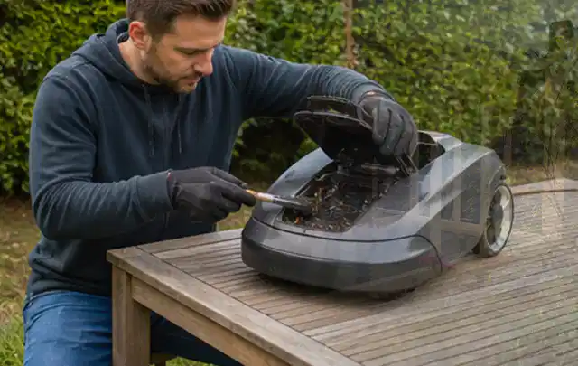 Person wartet einen geöffneten Mähroboter auf einem stabilen Gartentisch; Thema Akku Gartengeräte, Schwerpunkt Ersatzteile; Praxisalltag.