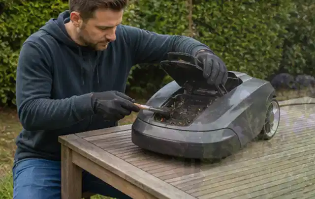Person wartet einen geöffneten Mähroboter auf einem stabilen Gartentisch; Thema Akku Gartengeräte, Schwerpunkt Gärten mit großer Fläche; Ergebnis.