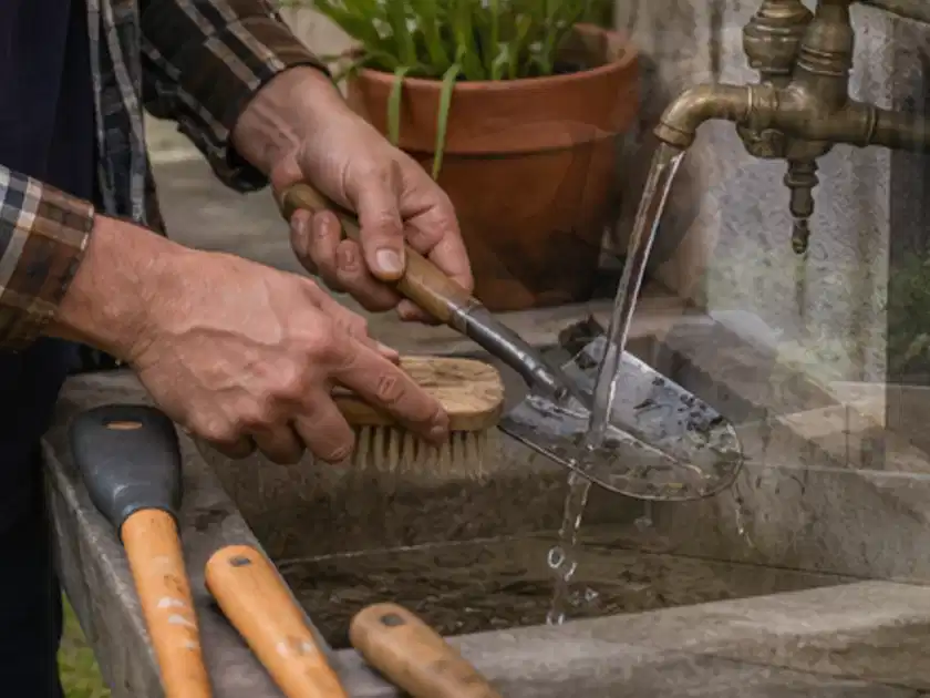 Hände reinigen gebrauchte Gartengeräte mit Bürste und Wasser am Außenbecken; Thema Akku Gartengeräte, Schwerpunkt Gärten mit kleiner Fläche; Titelbild.