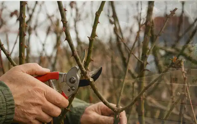 Hände schneiden einen älteren Rosenstrauch mit einer sauberen Gartenschere; Thema Akku Gartengeräte, Schwerpunkt Gärten mit kleiner Fläche; Ausgangslage.