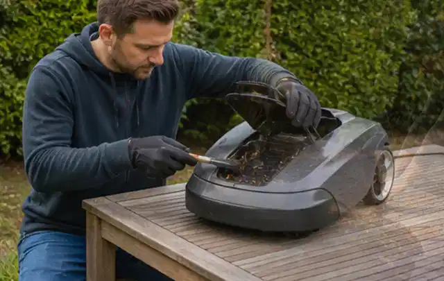 Person wartet einen geöffneten Mähroboter auf einem stabilen Gartentisch; Thema Akku Gartengeräte, Schwerpunkt Gartengeräte; Kontrolle.