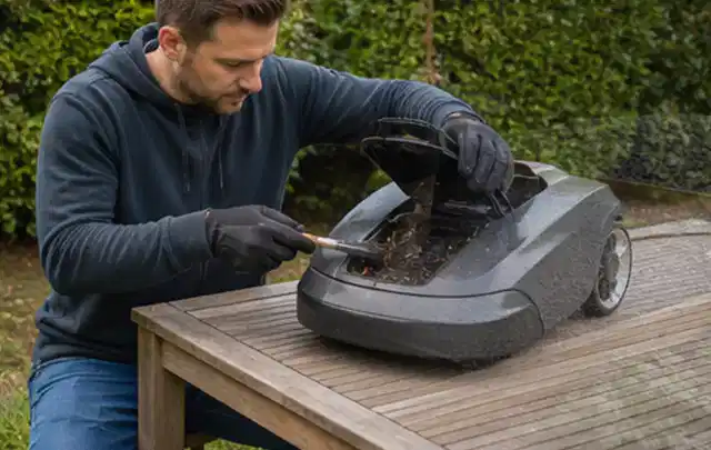 Person wartet einen geöffneten Mähroboter auf einem stabilen Gartentisch; Thema Akku Gartengeräte, Schwerpunkt Kaufberatung; Umsetzung.