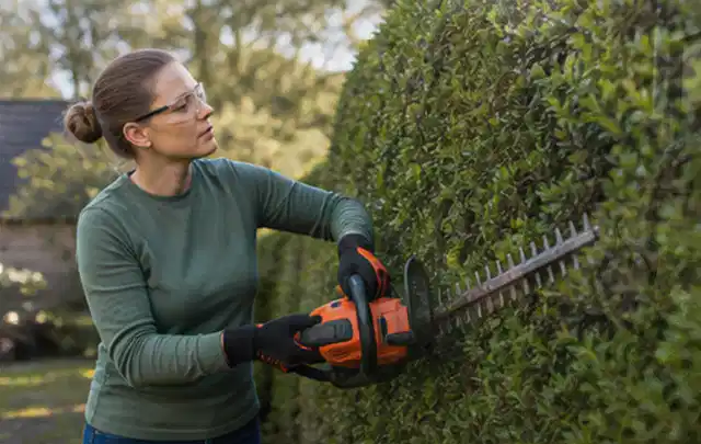 Person schneidet eine dichte Gartenhecke mit Schutzbrille und sicherem Stand; Thema Akku Gartengeräte, Schwerpunkt Kaufberatung; Ergebnis.