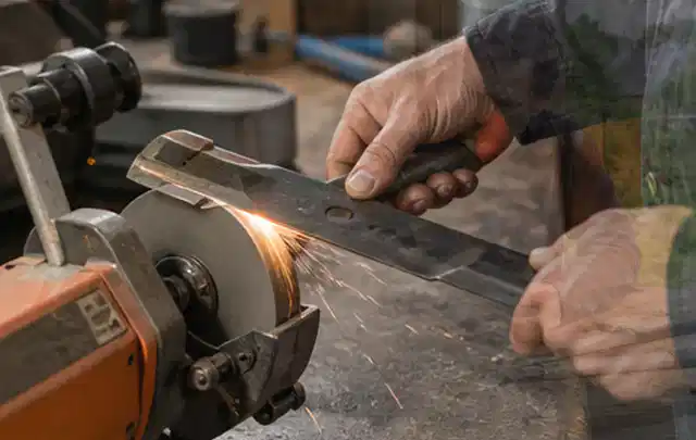 Person schärft ein ausgebautes Rasenmähermesser an einer Werkbank; Thema Akku Gartengeräte, Schwerpunkt Kosten; Ausgangslage.