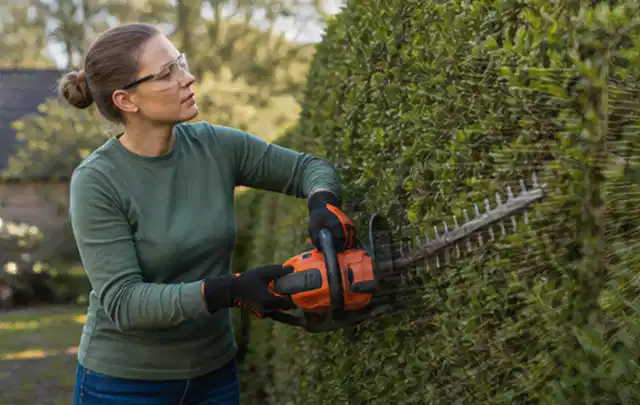 Person schneidet eine dichte Gartenhecke mit Schutzbrille und sicherem Stand; Thema Akku Gartengeräte, Schwerpunkt Kosten; Ergebnis.