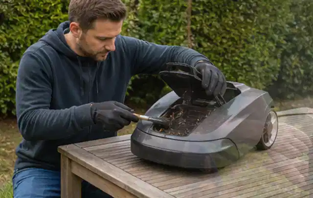 Person wartet einen geöffneten Mähroboter auf einem stabilen Gartentisch; Thema Akku Gartengeräte, Schwerpunkt Kosten; Praxisalltag.