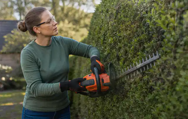 Person schneidet eine dichte Gartenhecke mit Schutzbrille und sicherem Stand; Thema Akku Gartengeräte, Schwerpunkt Leistung; Ergebnis.