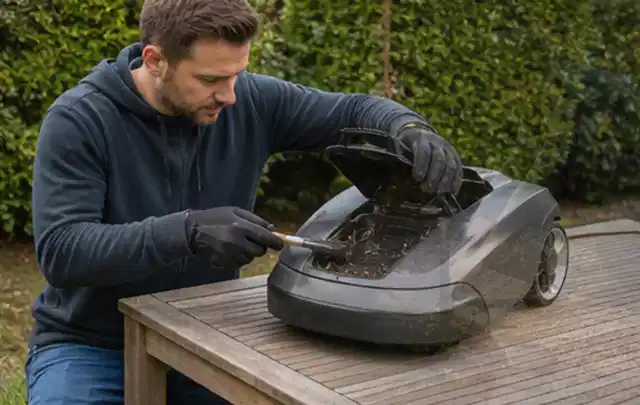Person wartet einen geöffneten Mähroboter auf einem stabilen Gartentisch; Thema Akku Gartengeräte, Schwerpunkt Nachhaltigkeit; Kontrolle.