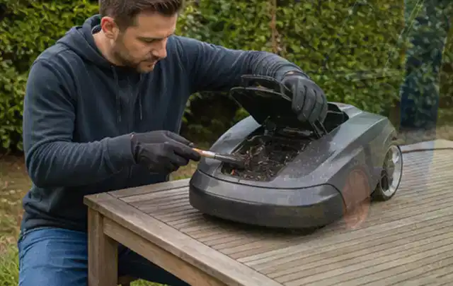 Person wartet einen geöffneten Mähroboter auf einem stabilen Gartentisch; Thema Akku Gartengeräte, Schwerpunkt Reinigung; Ausgangslage.