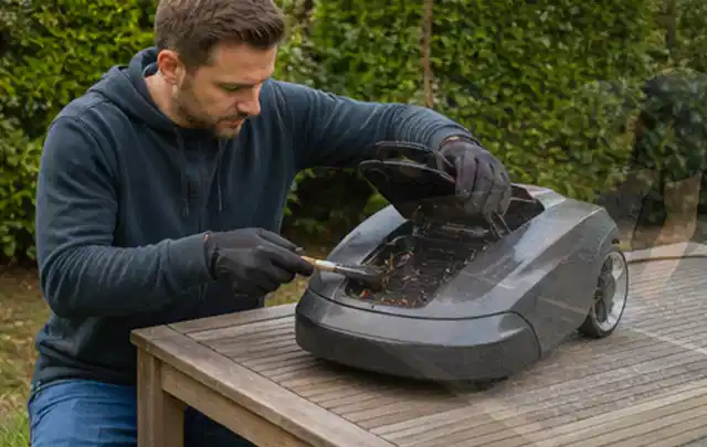 Person wartet einen geöffneten Mähroboter auf einem stabilen Gartentisch; Thema Akku Gartengeräte, Schwerpunkt Reparatur; Ausgangslage.