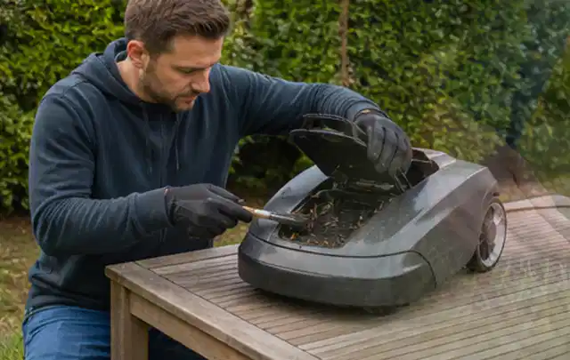 Person wartet einen geöffneten Mähroboter auf einem stabilen Gartentisch; Thema Akku Gartengeräte, Schwerpunkt Sicherheit; Kontrolle.