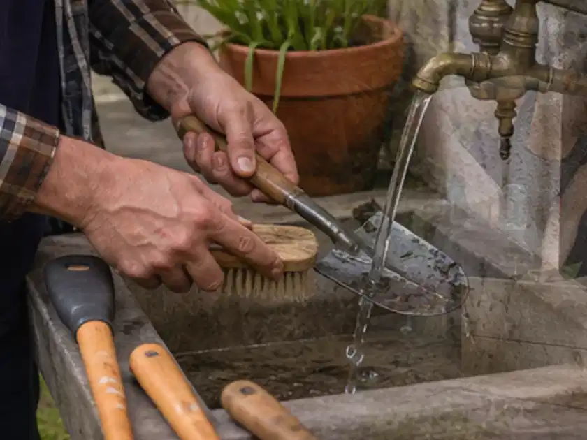 Hände reinigen gebrauchte Gartengeräte mit Bürste und Wasser am Außenbecken; Thema Akku Gartengeräte, Schwerpunkt Systemvergleich; Titelbild.