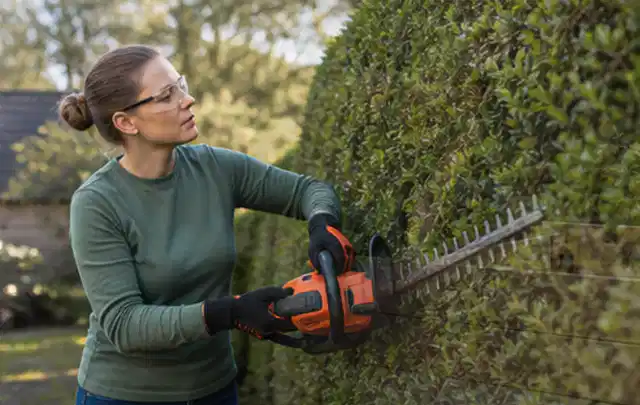 Person schneidet eine dichte Gartenhecke mit Schutzbrille und sicherem Stand; Thema Akku Gartengeräte, Schwerpunkt Systemvergleich; Ausgangslage.