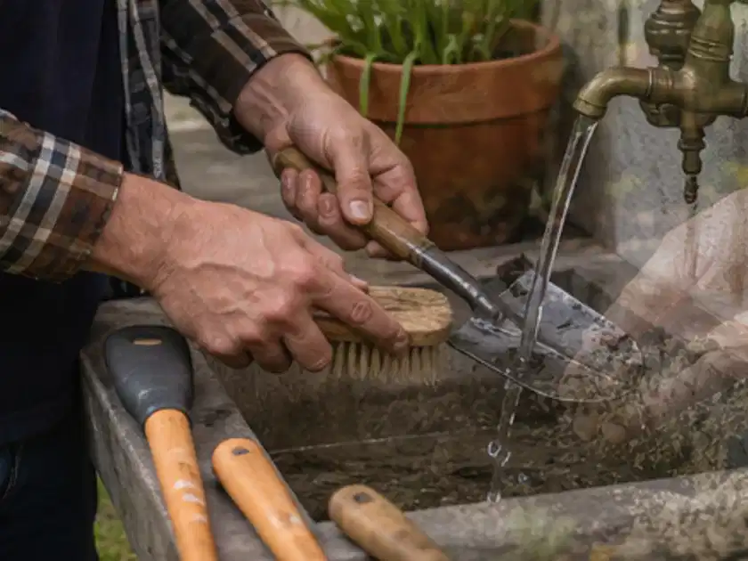 Hände reinigen gebrauchte Gartengeräte mit Bürste und Wasser am Außenbecken; Thema Akku Gartengeräte, Schwerpunkt Testkriterien; Titelbild.
