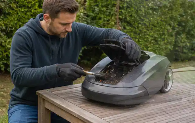 Person wartet einen geöffneten Mähroboter auf einem stabilen Gartentisch; Thema Akku Gartengeräte, Schwerpunkt Wartung; Umsetzung.
