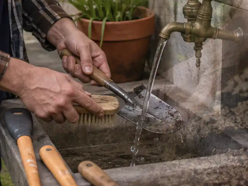 Hände reinigen gebrauchte Gartengeräte mit Bürste und Wasser am Außenbecken; Thema Akku Gartengeräte, Schwerpunkt Winterlager; Titelbild.