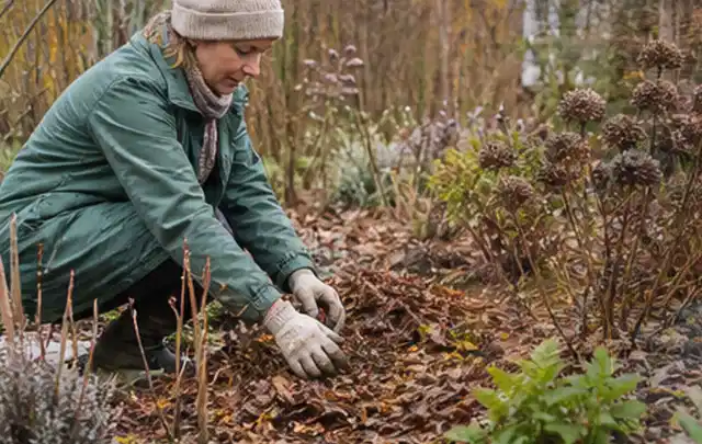 Person verteilt eine schützende Mulchschicht zwischen winterlichen Stauden; Thema Ameisen, Schwerpunkt Bestimmung; Kontrolle.
