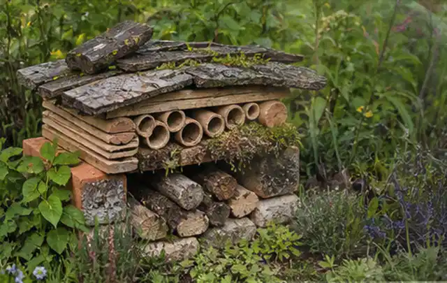Naturnaher Unterschlupf aus Holz Rinde und Pflanzenstängeln im Garten; Thema Ameisen, Schwerpunkt Biologie; Umsetzung.
