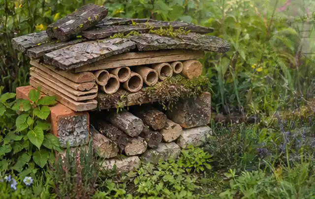Naturnaher Unterschlupf aus Holz Rinde und Pflanzenstängeln im Garten; Thema Ameisen, Schwerpunkt Fehlerhilfe; Umsetzung.