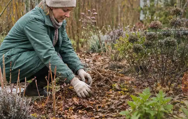 Person verteilt eine schützende Mulchschicht zwischen winterlichen Stauden; Thema Ameisen, Schwerpunkt Fehlerhilfe; Kontrolle.