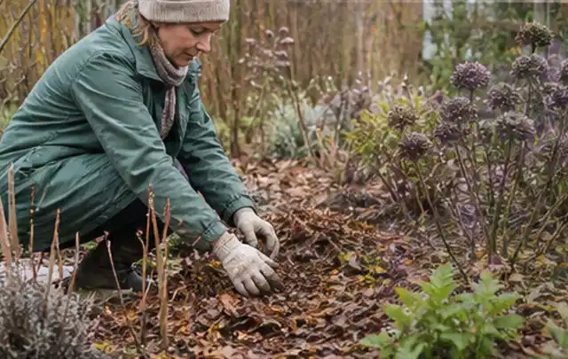 Person verteilt eine schützende Mulchschicht zwischen winterlichen Stauden; Thema Ameisen, Schwerpunkt Giftfreie Hilfe; Ergebnis.