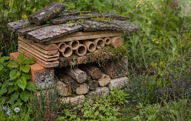 Naturnaher Unterschlupf aus Holz Rinde und Pflanzenstängeln im Garten; Thema Ameisen, Schwerpunkt Giftfreie Hilfe; Praxisalltag.
