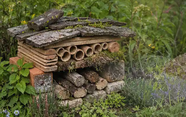 Naturnaher Unterschlupf aus Holz Rinde und Pflanzenstängeln im Garten; Thema Ameisen, Schwerpunkt Natürliche Bekämpfung; Kontrolle.