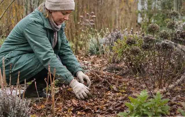 Person verteilt eine schützende Mulchschicht zwischen winterlichen Stauden; Thema Ameisen, Schwerpunkt Natürliche Bekämpfung; Ergebnis.