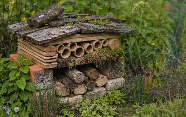 Naturnaher Unterschlupf aus Holz Rinde und Pflanzenstängeln im Garten; Thema Ameisen, Schwerpunkt Pflanzenhilfe; Ergebnis.