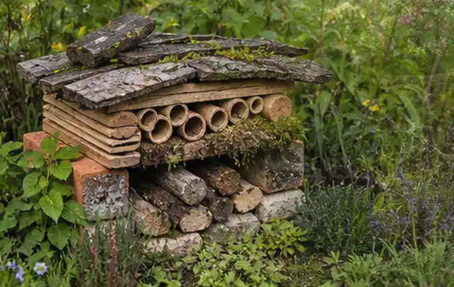 Naturnaher Unterschlupf aus Holz Rinde und Pflanzenstängeln im Garten; Thema Ameisen, Schwerpunkt Rasenhilfe; Umsetzung.