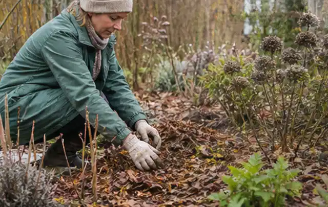 Person verteilt eine schützende Mulchschicht zwischen winterlichen Stauden; Thema Ameisen, Schwerpunkt Rasenhilfe; Ergebnis.