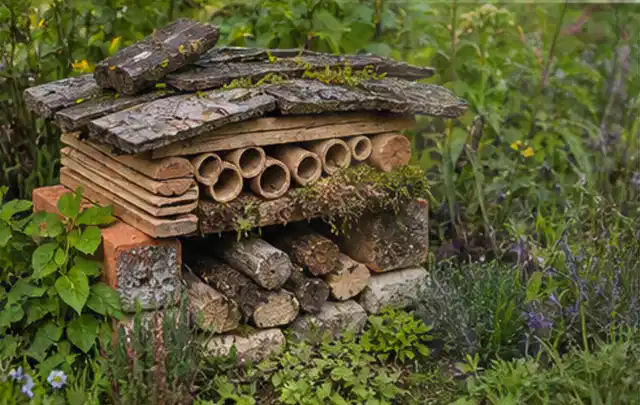 Naturnaher Unterschlupf aus Holz Rinde und Pflanzenstängeln im Garten; Thema Ameisen, Schwerpunkt Saison; Ergebnis.