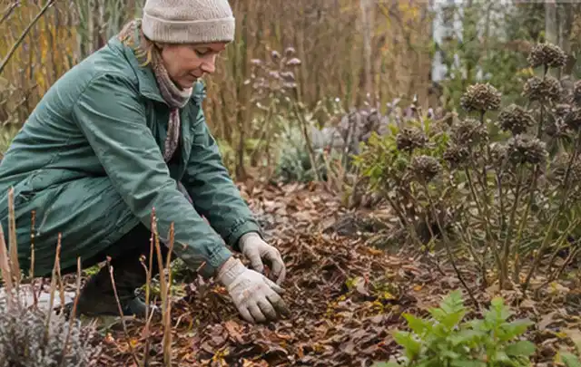 Person verteilt eine schützende Mulchschicht zwischen winterlichen Stauden; Thema Ameisen, Schwerpunkt Saison; Praxisalltag.
