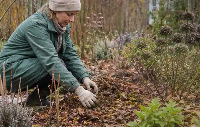 Person verteilt eine schützende Mulchschicht zwischen winterlichen Stauden; Thema Ameisen, Schwerpunkt Schadbild; Ergebnis.