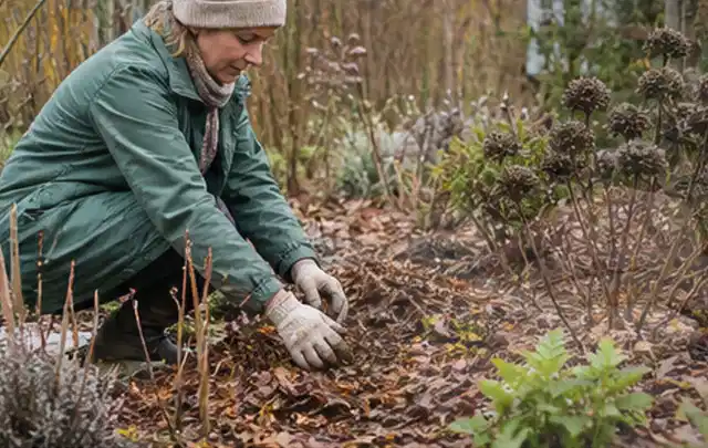 Person verteilt eine schützende Mulchschicht zwischen winterlichen Stauden; Thema Ameisen, Schwerpunkt Schädlinge Krankheiten; Ergebnis.