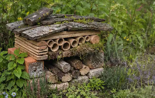 Naturnaher Unterschlupf aus Holz Rinde und Pflanzenstängeln im Garten; Thema Ameisen, Schwerpunkt Ursachen; Ausgangslage.