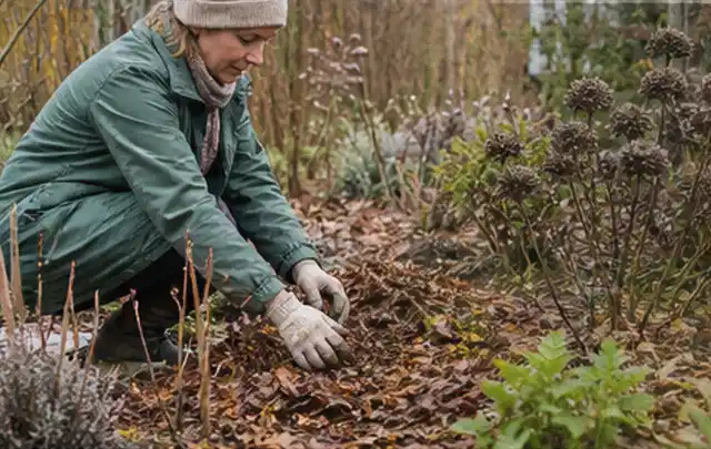 Person verteilt eine schützende Mulchschicht zwischen winterlichen Stauden; Thema Ameisen, Schwerpunkt Vorbeugung; Kontrolle.