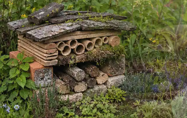 Naturnaher Unterschlupf aus Holz Rinde und Pflanzenstängeln im Garten; Thema Ameisen, Schwerpunkt Vorbeugung; Praxisalltag.