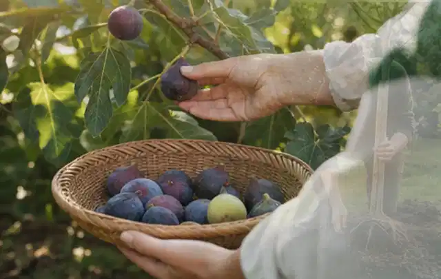 Hand pflückt eine reife Feige über einem flachen Korb mit Früchten; Thema Anlehngewächshaus, Schwerpunkt Baurecht; Ergebnis.