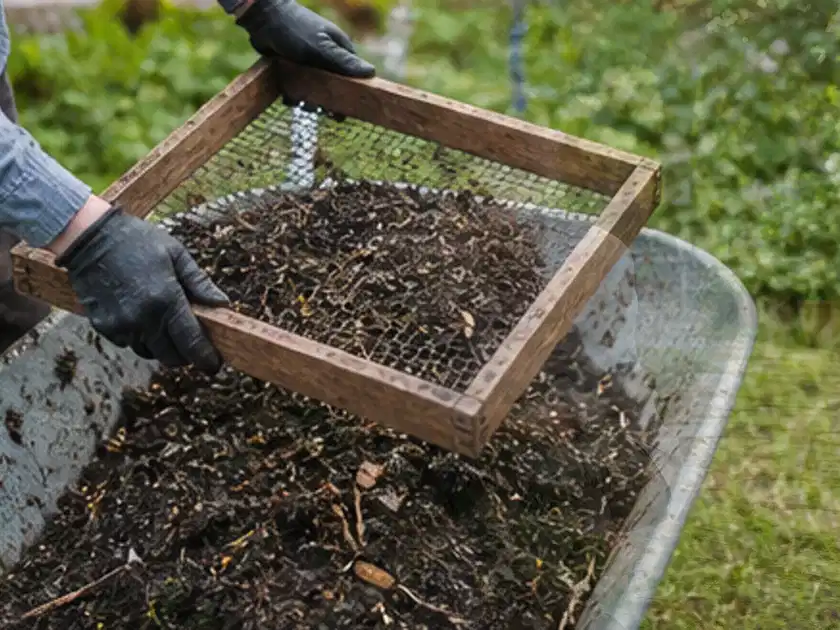 Behandschuhte Hände sieben reifen Kompost über einer Gartenschubkarre; Thema Anlehngewächshaus, Schwerpunkt Dimensionierung; Titelbild.