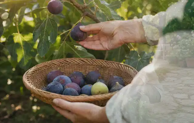 Hand pflückt eine reife Feige über einem flachen Korb mit Früchten; Thema Anlehngewächshaus, Schwerpunkt Dimensionierung; Ausgangslage.