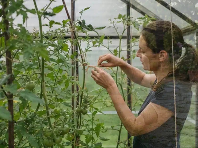 Person bindet junge Tomatentriebe in einem privaten Gewächshaus vorsichtig an; Thema Anlehngewächshaus, Schwerpunkt Materialwahl; Titelbild.
