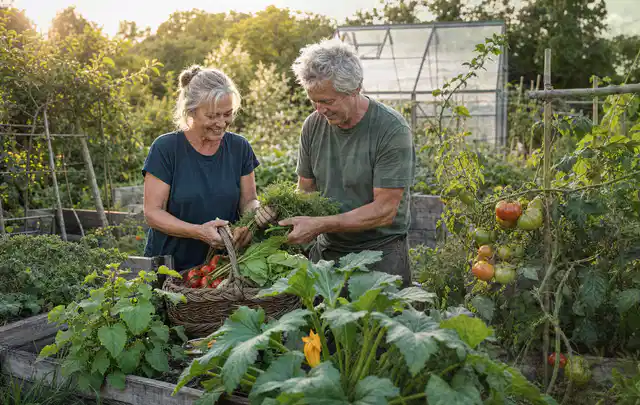 Zwei Personen ernten gemeinsam Gemüse in einem sonnigen Nutzgarten; Thema Anlehngewächshaus, Schwerpunkt Planung; Kontrolle.