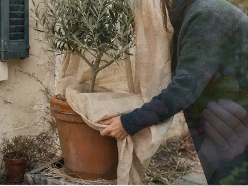 Person umhüllt eine mediterrane Kübelpflanze mit atmungsaktivem Winterschutz; Thema Anlehngewächshaus, Schwerpunkt Winterschutz; Titelbild.